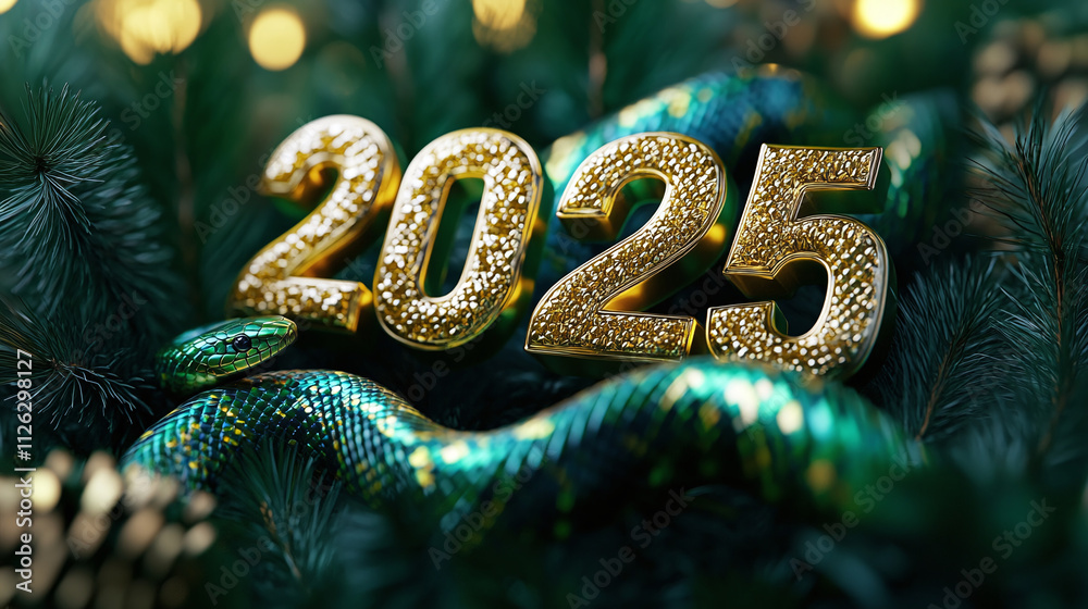 New year symbol green snake wriggling around number 2025 New year symbol green snake wriggling around number 2025