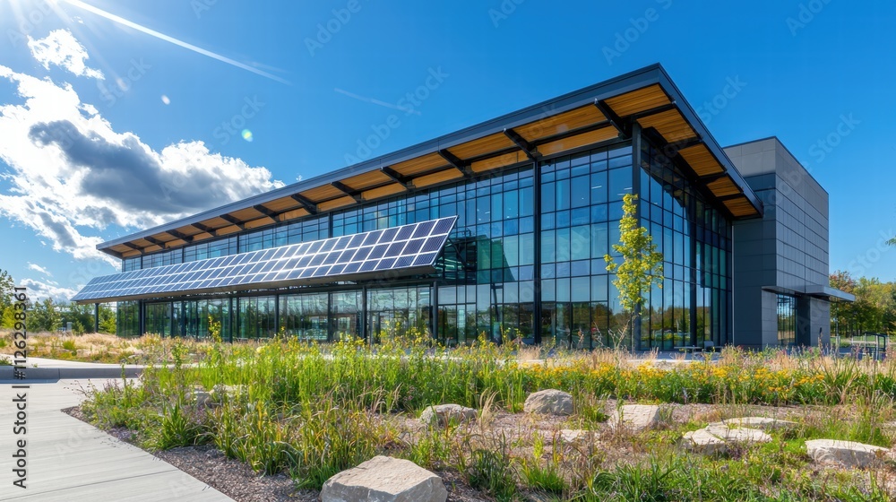 Obraz premium Modern Eco-Friendly Building with Solar Panels and Green Landscaping