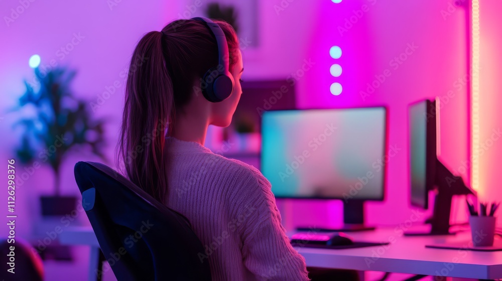 Gamer Girl in Neon Glow: A young woman, bathed in the vibrant hues of neon lighting, sits engrossed in her gaming session, headphones on, lost in the digital world. Gamer Girl in Neon Glow: A young woman, bathed in the vibrant hues of neon lighting, sits engrossed in her gaming session, headphones on, lost in the digital world.