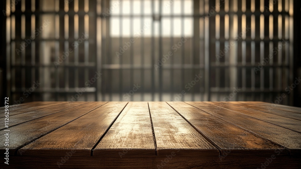 A smooth wooden table stands in the foreground, with a blurred jail in the distance, featuring metallic bars and dim, shadowy lighting in the background.