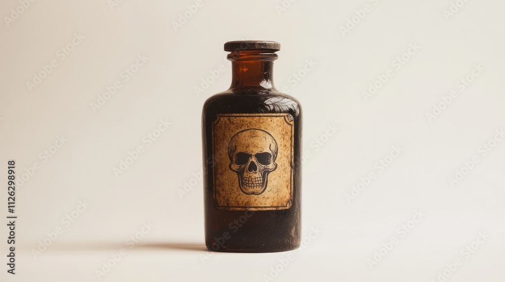 A spooky old glass poison bottle with a skull label, dark brown tint, isolated on a minimalist white background for a vintage aesthetic. A spooky old glass poison bottle with a skull label, dark brown tint, isolated on a minimalist white background for a vintage aesthetic.