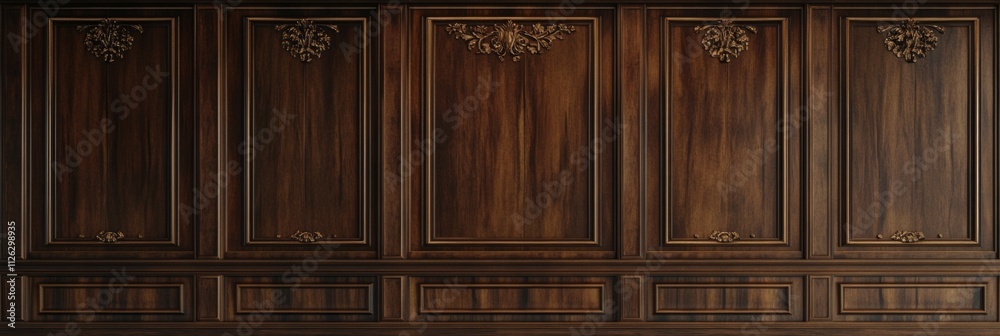 Dark wooden paneled wall with intricate carvings, arranged horizontally in a room with luxurious gold accents and white marble floor. Dark wooden paneled wall with intricate carvings, arranged horizontally in a room with luxurious gold accents and white marble floor.