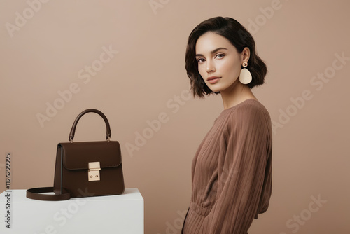 Beauty and fashion. Stylish fashionable woman with brown bag. Mocha Mousse colors 2025. AI generated