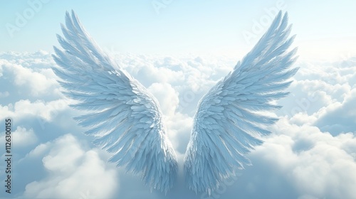 White feathered angel wings resting on a horizon of endless clouds under a pale blue sky photo