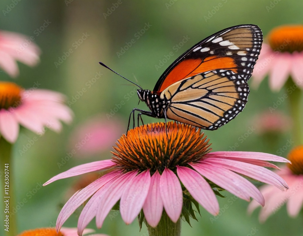 Obraz premium monarch butterfly, vibrant orange wings, black veins, white spots, yellow flowers, green leaves, soft focus background, macro photography, detailed wings, nature close-up, delicate insect, pollinator,