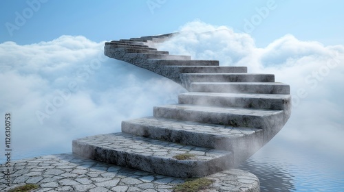 An infinite staircase ascending into the clouds, revealing glimpses of alternate realities