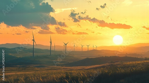 Sunset Overwind Turbines in a Scenic Landscape with Golden Sky photo