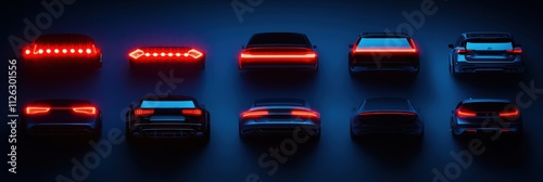 Variety of LED car headlights and tail lights are arranged creatively against a dark background, highlighting contemporary vehicle lighting features. Generative AI photo