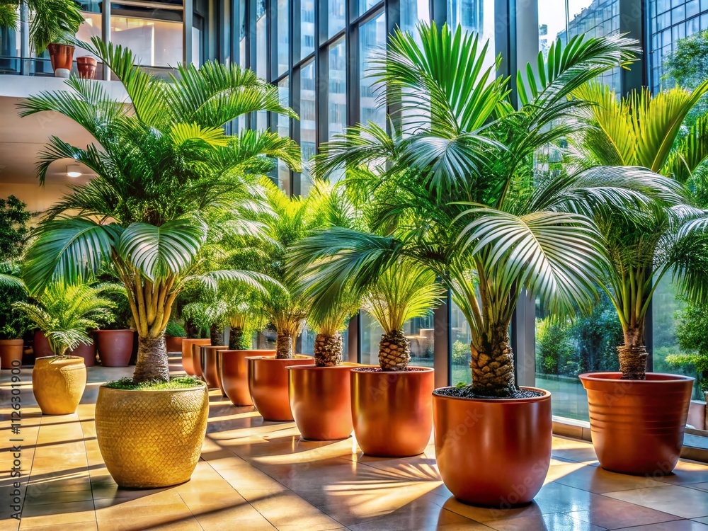 Fototapeta premium Palm Trees in Pots Architectural Photography, Modern Design, Botanical Still Life