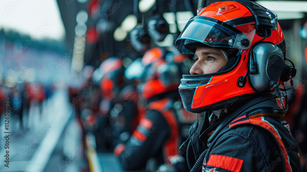 Focused Race Pit Crew Member Monitoring Action with Intense Concentration During the Race. Focused Race Pit Crew Member Monitoring Action with Intense Concentration During the Race.