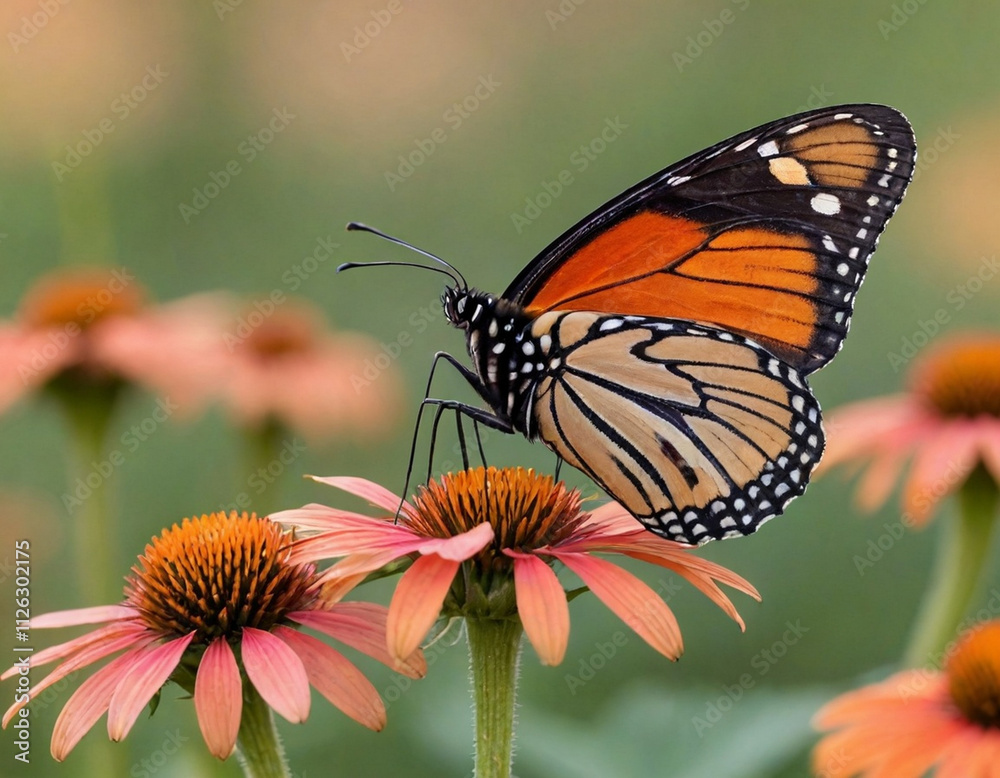 monarch butterfly, vibrant orange wings, black veins, white spots, yellow flowers, green leaves, soft focus background, macro photography, detailed wings, nature close-up, delicate insect, pollinator,