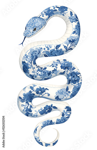 Blue and white snake illustration in style of ancient chinese art, blue and white chinoiserie ornament snake. Chinese New Year 2025 lunar symbol isolated.