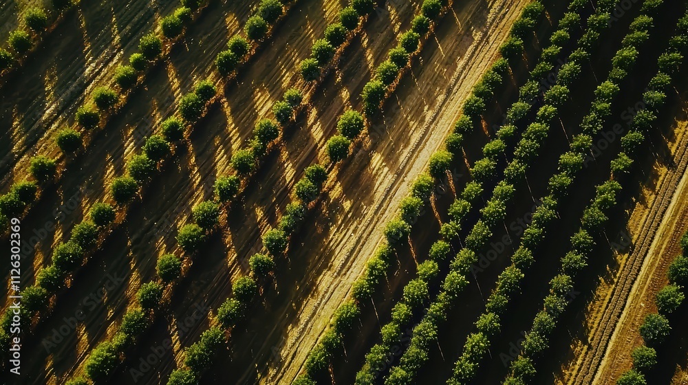 Fototapeta premium Aerial View of Lush Green Tree Rows in Sunny Agricultural Field