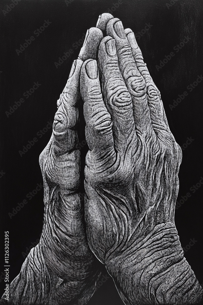 Scratchboard illustration of a pair of clasped hands in prayer detailed wrinkles and texture in black and white.