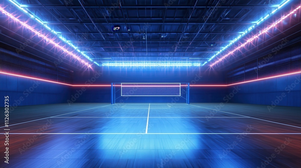 Volleyball net illuminating empty indoor court with neon lights