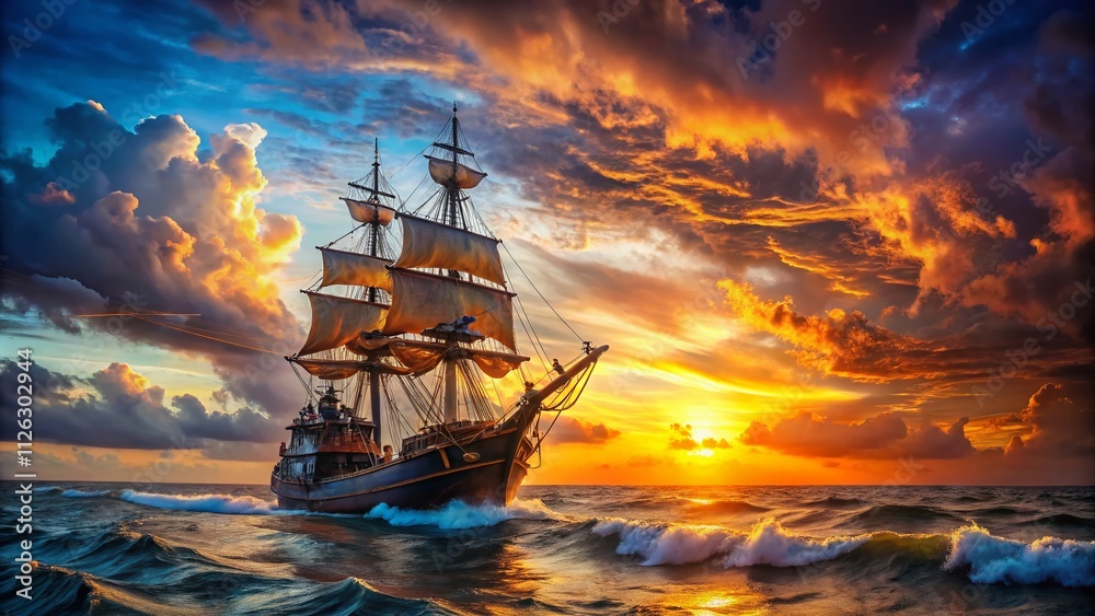Obraz premium Pirate Ship at Sea Sunset Epic Landscape AI Art