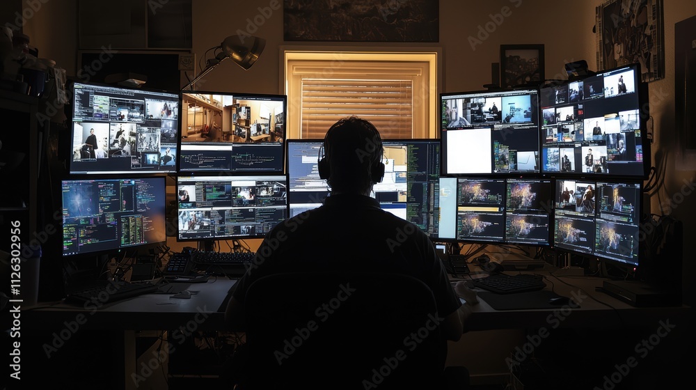 Person Working at Multiple Monitors in a High-Tech Environment Person Working at Multiple Monitors in a High-Tech Environment
