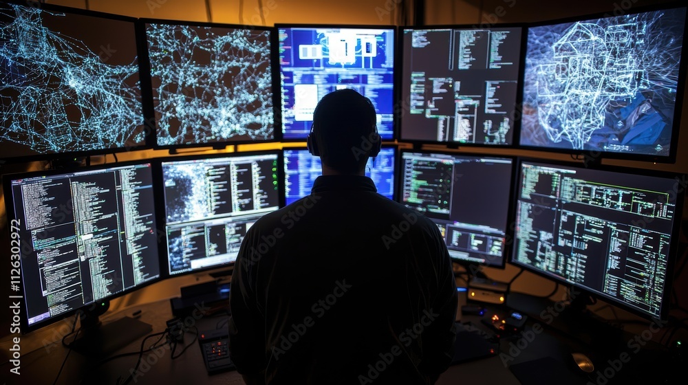 Individual Analyzing Data on Multiple Monitors in a Modern Office Individual Analyzing Data on Multiple Monitors in a Modern Office