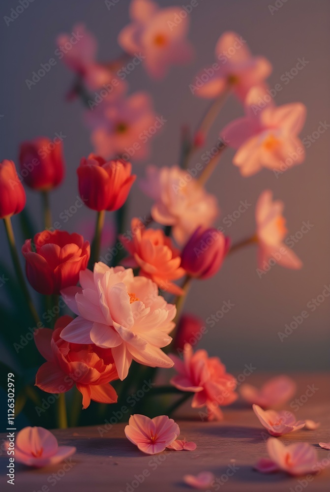 Obraz premium A beautiful arrangement of pink and orange tulips and daffodils in a soft, warm light