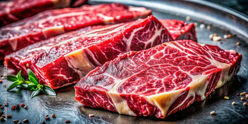 Raw Marbled Beef Close-Up on Metal, High-Quality, Gourmet Food Photography Raw Marbled Beef Close-Up on Metal, High-Quality, Gourmet Food Photography
