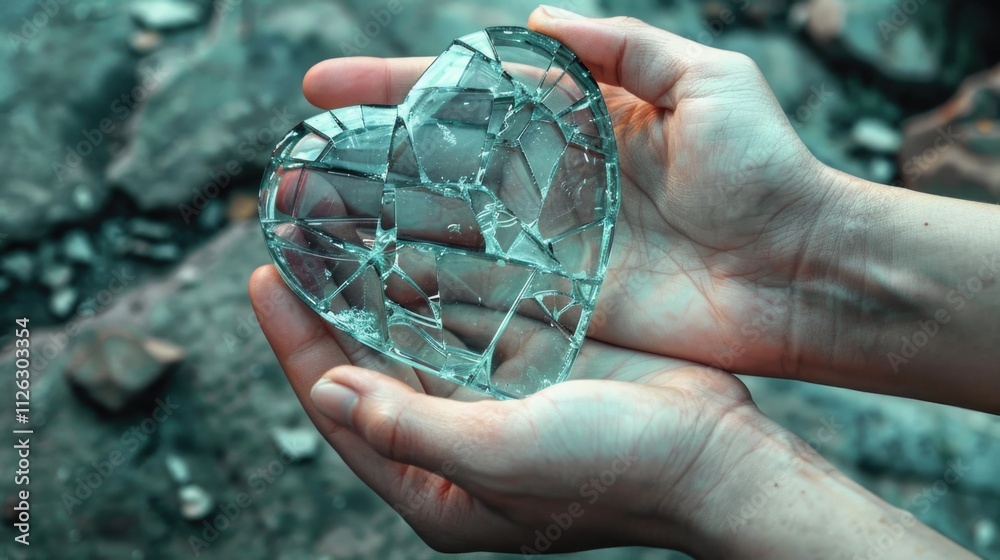a broken glass heart in hand a broken glass heart in hand