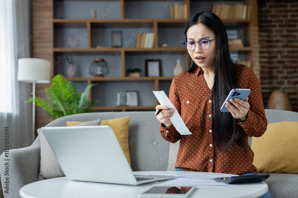 © Liubomir - Asian woman at home surprised by high bills, holding smartphone and looking at laptop. Illustrates financial stress and technology use for budgeting and managing expenses. © Liubomir - Asian woman at home surprised by high bills, holding smartphone and looking at laptop. Illustrates financial stress and technology use for budgeting and managing expenses.