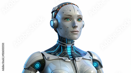 AI Robot A futuristic female robot with a semi-transparent body, with luminous energy flowing within, isolated against a white background