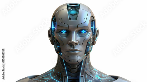 AI Robot A futuristic humanoid robot head with glowing intricate circuits, partially transparent to reveal advanced electronic components, against a dark backdrop