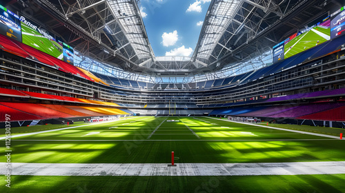 Empty modern football stadium with bright sunlight and large screens.