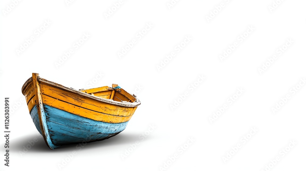 Colorful wooden boat on white isolated background.