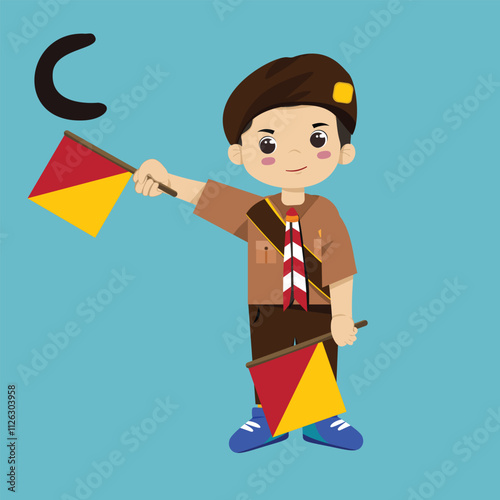 Pramuka boy sandi morse semaphore C a kid student photo