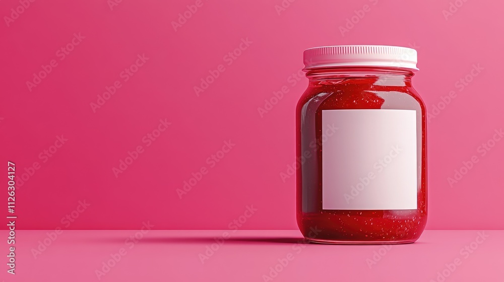 Centered shot of a clear jar of raspberry jam with a blank white label, standing out against a bright, vibrant pink background. Centered shot of a clear jar of raspberry jam with a blank white label, standing out against a bright, vibrant pink background.