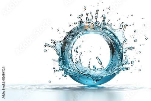Dynamic water splash forming a circular shape, isolated against a clean white background, showcasing fluid motion and vibrant energy.