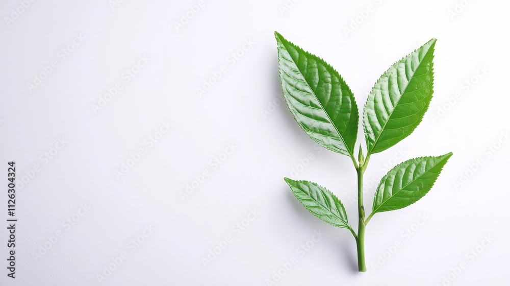 Elegant tea plant stem, bright green leaves in pristine detail, isolated on white, high contrast to highlight freshness, perfect for a clean advertisement Elegant tea plant stem, bright green leaves in pristine detail, isolated on white, high contrast to highlight freshness, perfect for a clean advertisement
