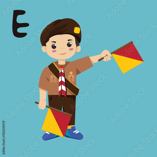 Pramuka boy sandi morse semaphore E a kid student photo