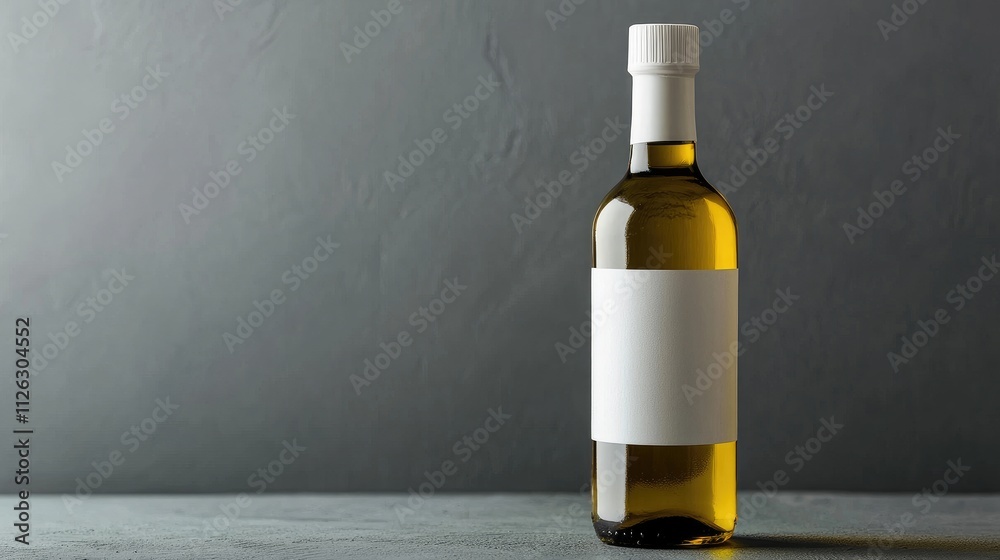 Clean and modern shot of an unbranded olive oil bottle with a white label, set against a neutral grey surface for an understated look. Clean and modern shot of an unbranded olive oil bottle with a white label, set against a neutral grey surface for an understated look.