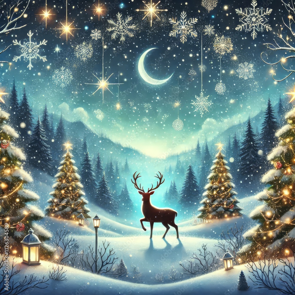Christmas banner with magical scene of a reindeer in center in snowy forest with Christmas trees with lights and stars with copy space
Christmas banner with magical scene of a reindeer in center in snowy forest with Christmas trees with lights and stars with copy space