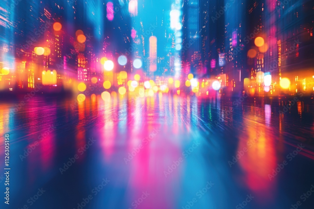 Vibrant cityscape with colorful reflections and abstract lights