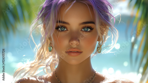 Portrait of a beautiful blonde woman with purple hair.