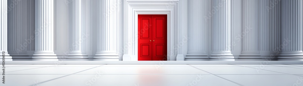 Red door in a white corridor with columns Red door in a white corridor with columns