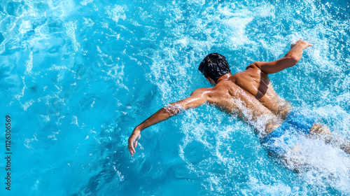 A swimmer glides through a clear blue pool, creating splashes around him, showcasing leisure and enjoyment in water activities.