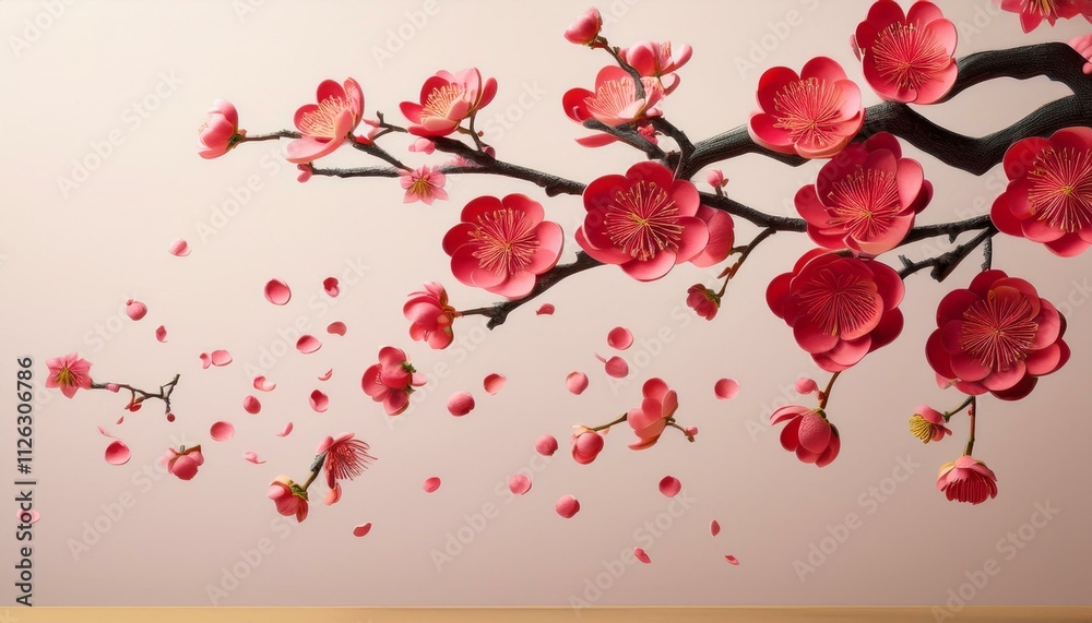 Generated image Red plum blossoms falling from a blooming sakura branch against a minimalist asian backdrop Generated image Red plum blossoms falling from a blooming sakura branch against a minimalist asian backdrop