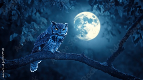 Majestic owl perched on branch under full moon. (9) photo