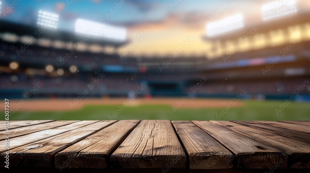 Detailed view of a wooden table with a blurred, energetic baseball stadium in the background, creating a lively and modern feel. Detailed view of a wooden table with a blurred, energetic baseball stadium in the background, creating a lively and modern feel.