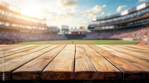 Detailed view of a wooden table surface, with a blurred baseball stadium and crowd in the background, bringing energy and warmth to the scene.
