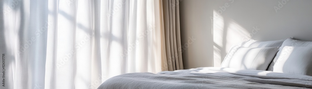 Elegant minimalist bedroom design featuring soothing gray tones and simple decor for a tranquil atmosphere. Elegant minimalist bedroom design featuring soothing gray tones and simple decor for a tranquil atmosphere.