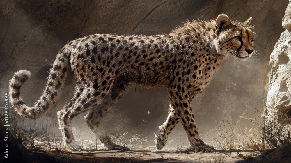Obraz premium Realistic Cheetah Walking in Natural Habitat with Dramatic Lighting