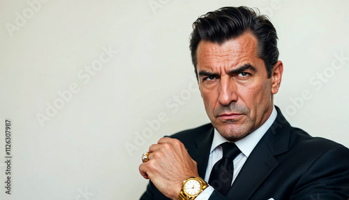 A portrait of a Sicilian Mafia boss in a dark suit, exuding authority and power.

 photo