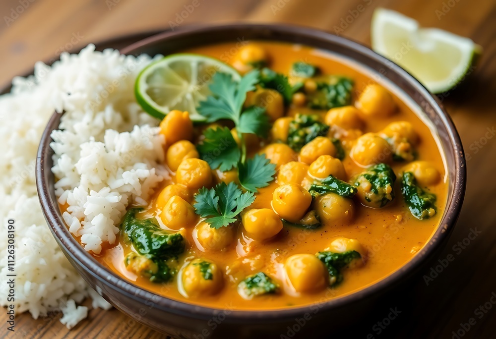 A Plate Of Coconut Curry With Chickpeas, Spinach, And Jasmine Rice, Garnished With Fresh Cilantro And Lime, Healthy Food Photography, Food Healthy Menu Style Photo Image A Plate Of Coconut Curry With Chickpeas, Spinach, And Jasmine Rice, Garnished With Fresh Cilantro And Lime, Healthy Food Photography, Food Healthy Menu Style Photo Image