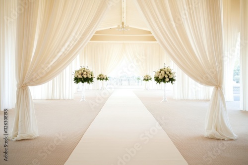 Elegant opulent wedding venue adorned with luxurious ivory satin drapes and exquisite decor.